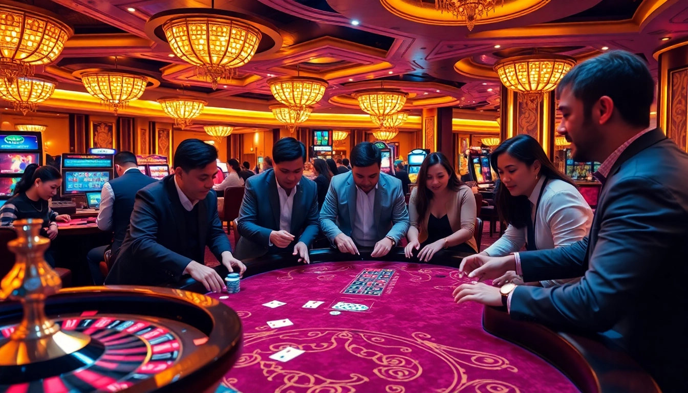 Excited players enjoying tai go 88 at a luxurious casino table filled with vibrant poker chips and cards.