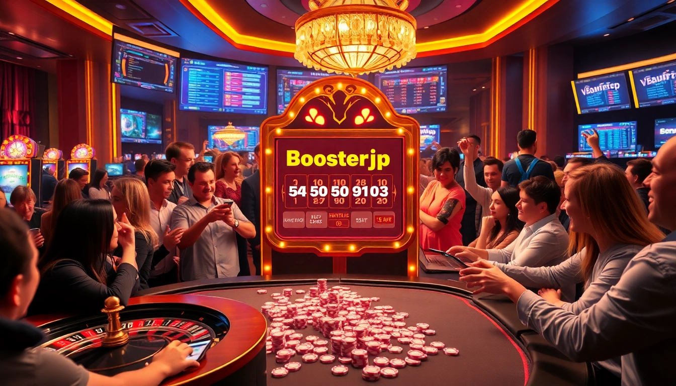 Gamblers celebrate wins at the Boosterjp slot machine in a vibrant online casino environment.