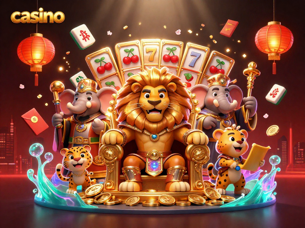 Engage in a thrilling casino adventure with majestic lion and his allies in a vibrant, dynamic scene.