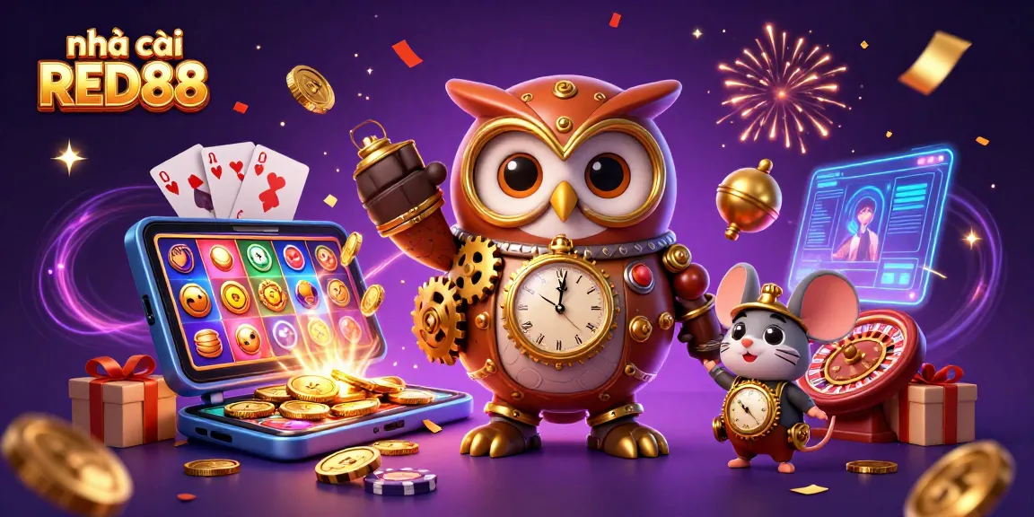 Enjoy the excitement with nhà cái RED88 featuring a whimsical time-traveler owl and casino elements!