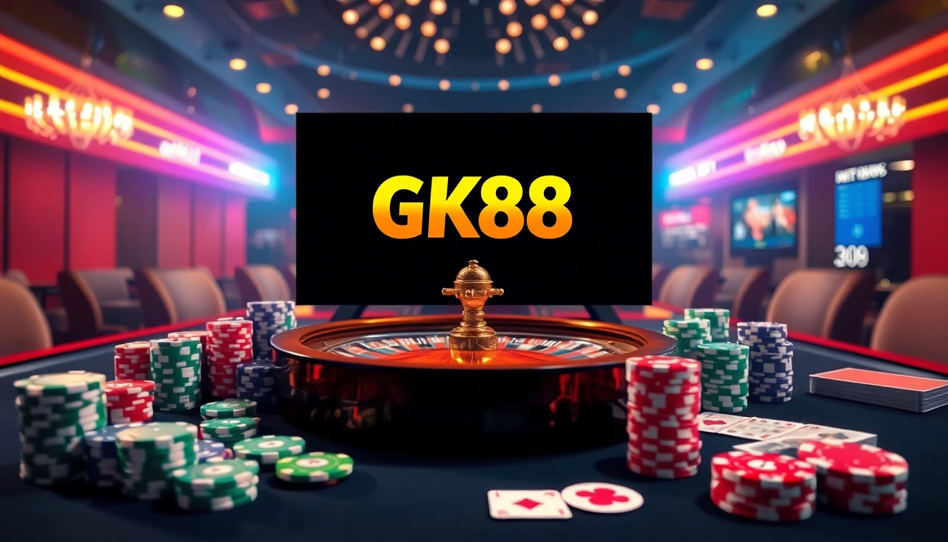 Gambling enthusiasts enjoying a thrilling GK88 casino game surrounded by vibrant poker chips and a roulette wheel.
