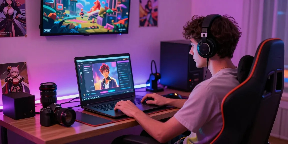Engaging NSFW AI roleplay scene with user in stylish gaming setup.