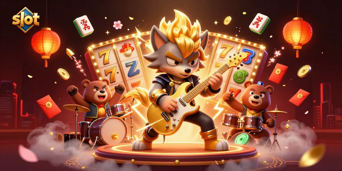 Spin the slot reels with excitement as a rock star wolf and drummer bear energize the casino stage.