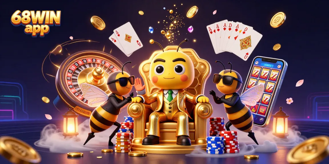 Engage with the exciting 68WIN app featuring a vibrant gaming scene with a bumblebee mob boss and casino elements.