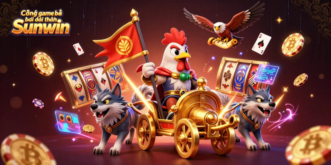 Cổng game bài đổi thưởng Sunwin features an epic scene with a rooster warlord and fierce wolves amidst vibrant casino elements, showcasing thrilling gameplay.