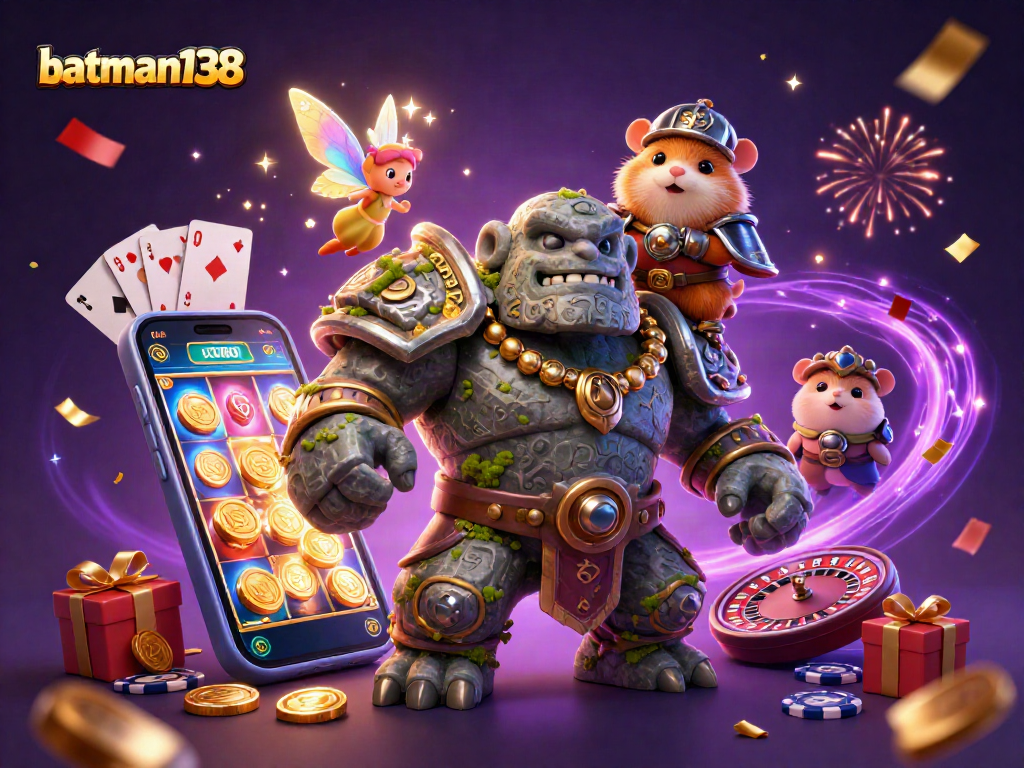 batman138 charms players with vibrant 3D casino creations featuring a magical guardian golem and a fairy.