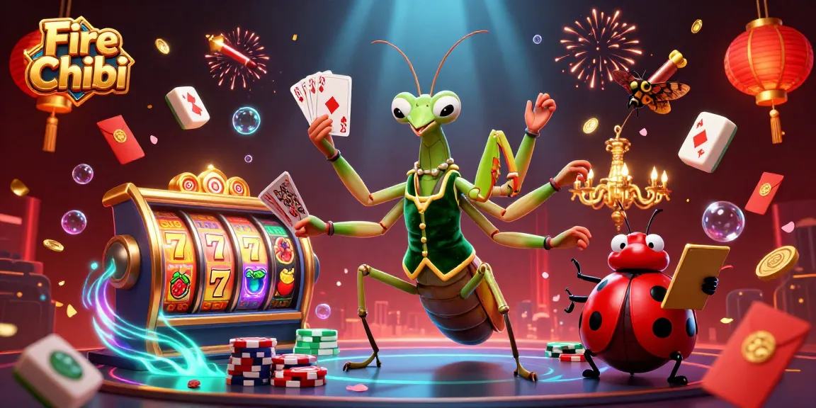 Fire Chibi showcases a giant praying mantis in a casino, dealing cards and celebrating the win.