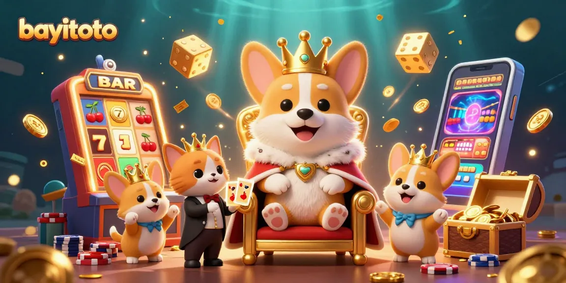 Experience victory with bayitoto in this vibrant casino-themed scene featuring a royal corgi.