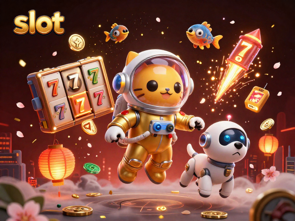 Engage in a thrilling slot adventure in this vibrant 3D scene featuring an astronaut cat and exciting game elements.