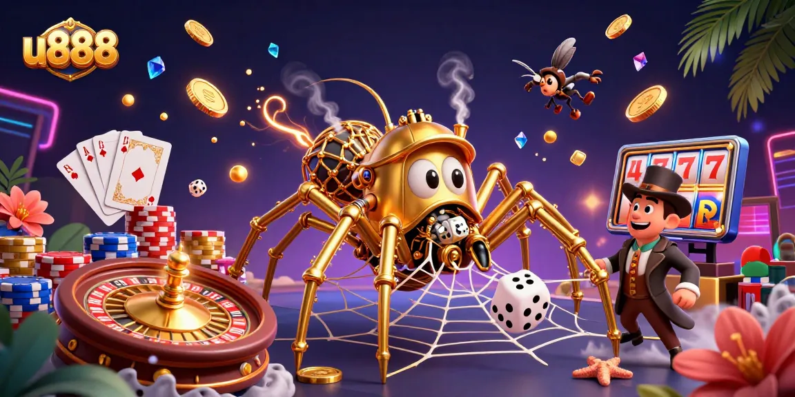 Engage with u888's thrilling casino games as a fly gentleman caught in a golden web.