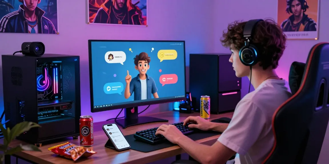 Engaged user interacting with nsfw ai companion on vibrant digital workspace with gaming setup.