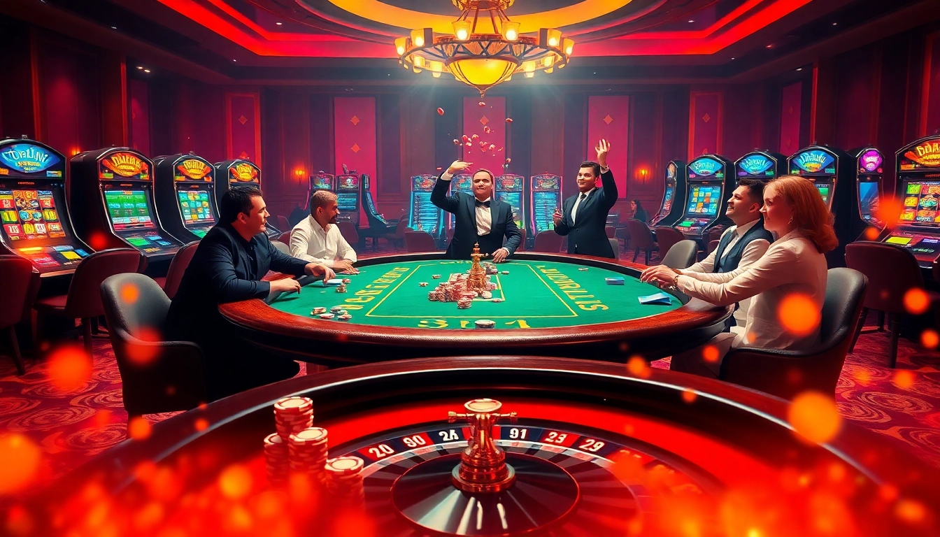An exciting scene of players competing at a poker table inspired by https://b52.za.com/, showcasing vibrant chips and a roulette wheel.
