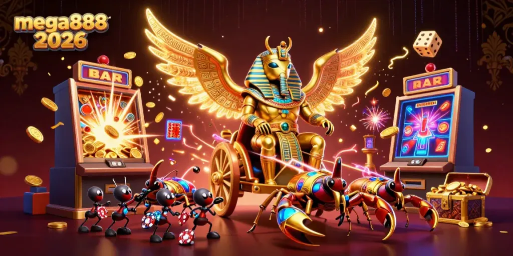 Experience mega888 2026 with a vibrant casino scene featuring a colossal beetle and jackpot action.