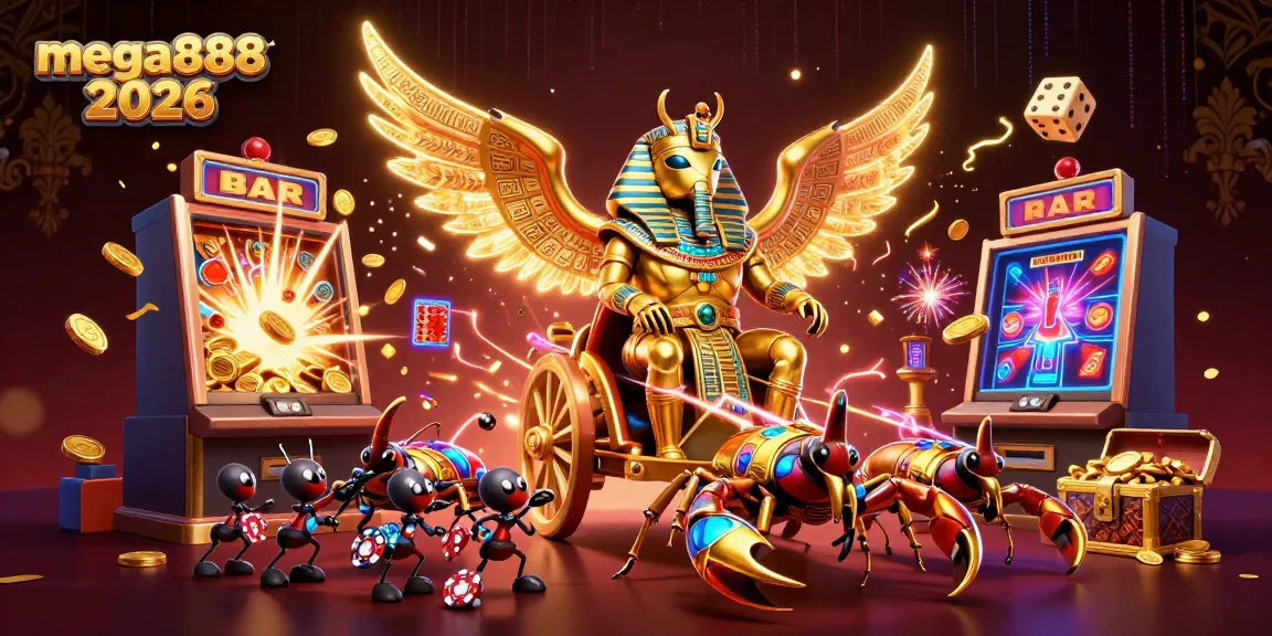 Experience mega888 2026 with a vibrant casino scene featuring a colossal beetle and jackpot action.