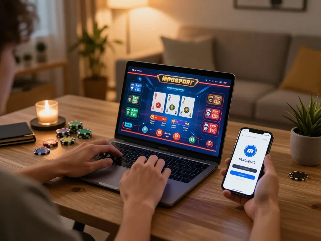 Engaging scene of player completing mposport login on a laptop during online casino gaming session