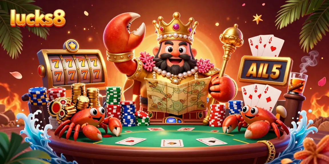 Spin the reels with lucks8's vibrant 3D casino scene featuring a golden crab emperor and treasure-filled fun!