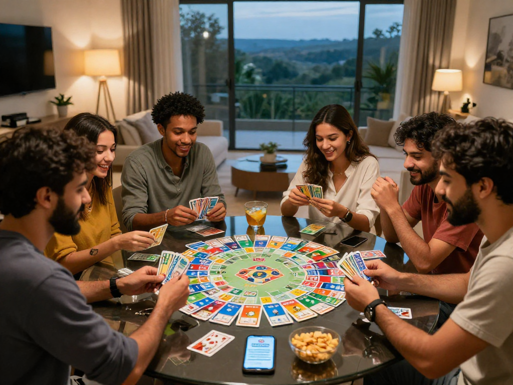 Indo Rummy game night with friends playing rummy cards and enjoying snacks.