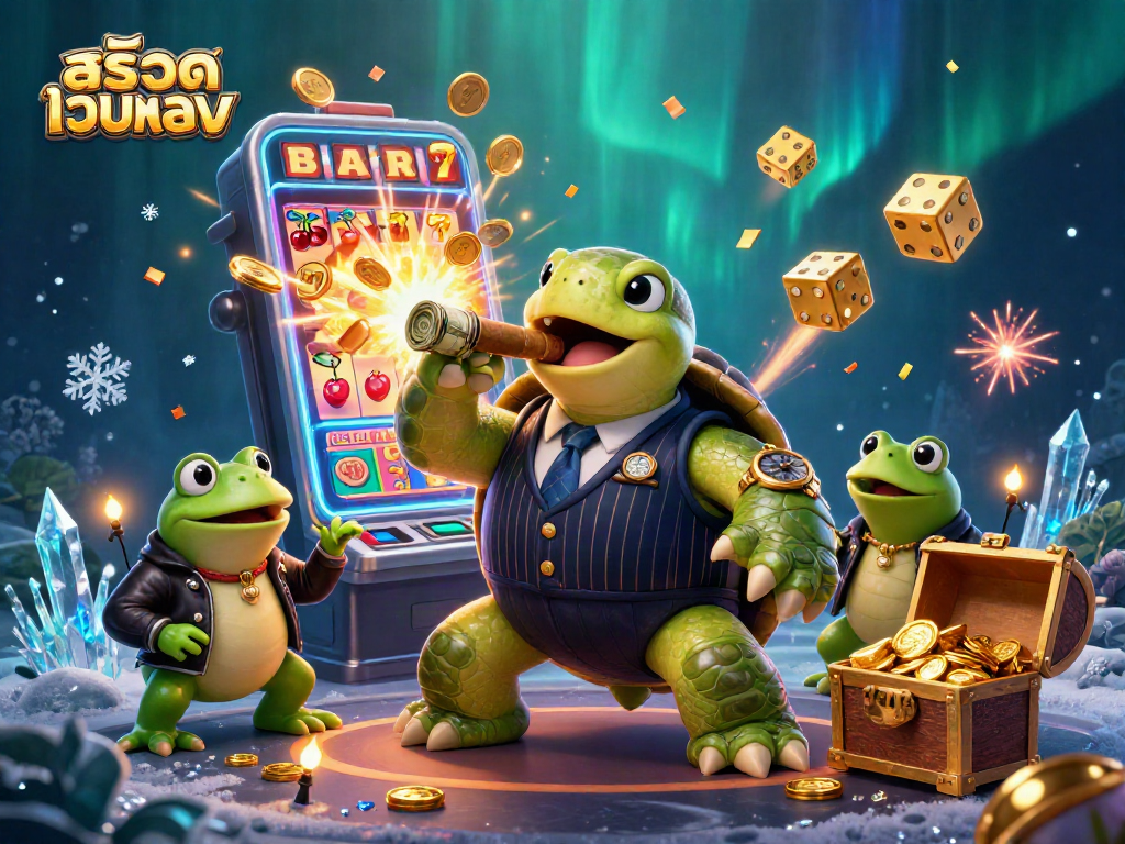 Spin the reels and win big with สล็อตเว็บตรง, featuring a dynamic casino scene with vibrant characters.