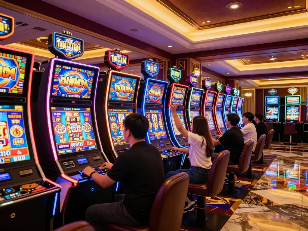 Rasakan kegembiraan Slot Demo PG Soft Mirip Asli di mesin slot kasino yang penuh warna.