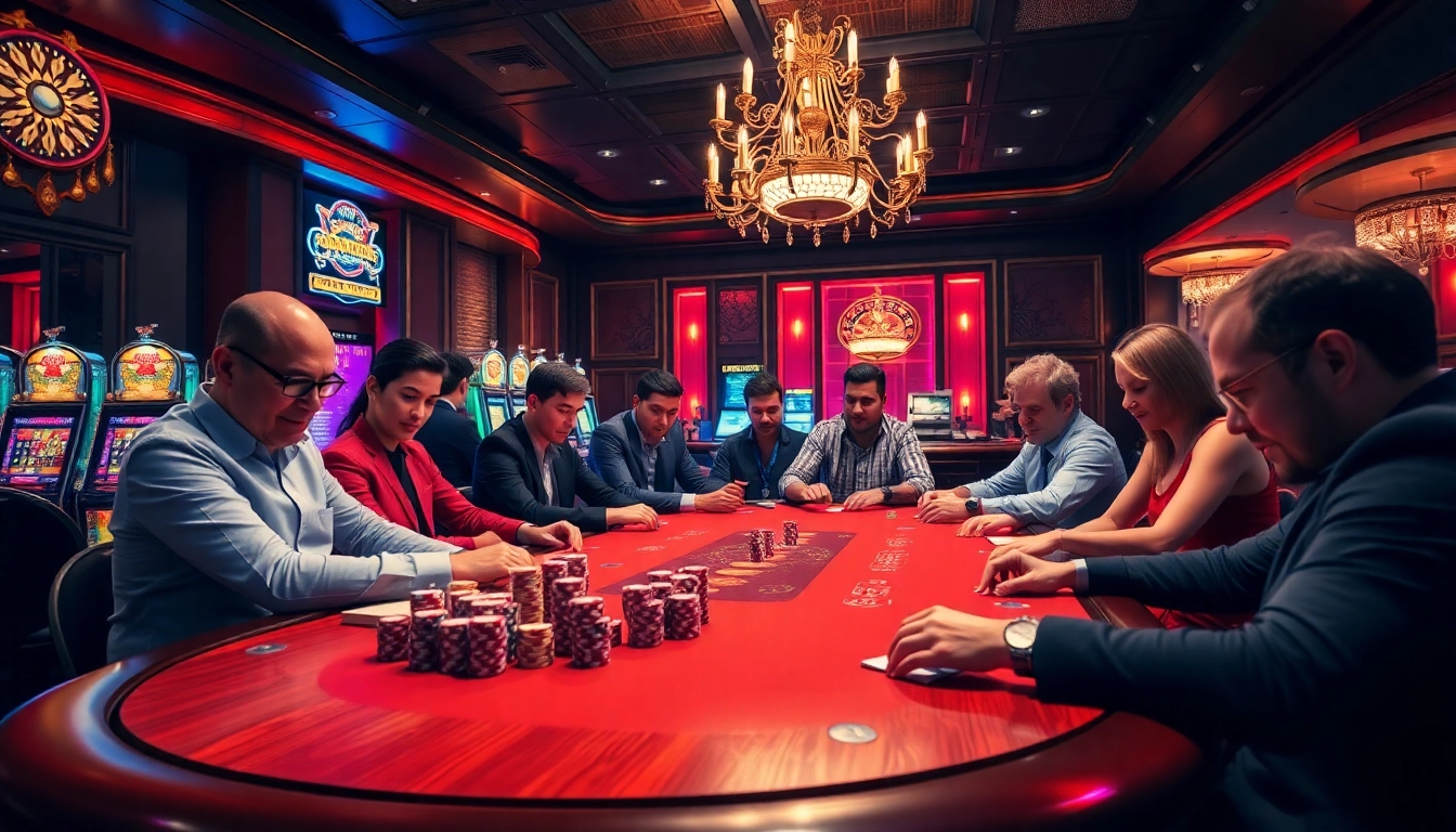 Players engaging in a high-stakes poker game at the luxurious 88i casino table, showcasing excitement and strategy.