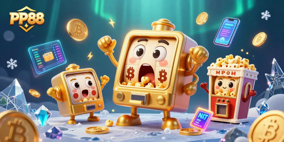 PP88 slot machine celebrates hitting a jackpot, surrounded by festive golden coins and crypto elements.