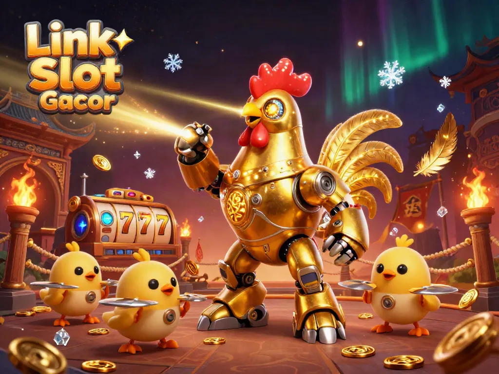 Menang besar dengan Link Slot Gacor, robot ayam emas futuristik dan drone menari di arena judi.