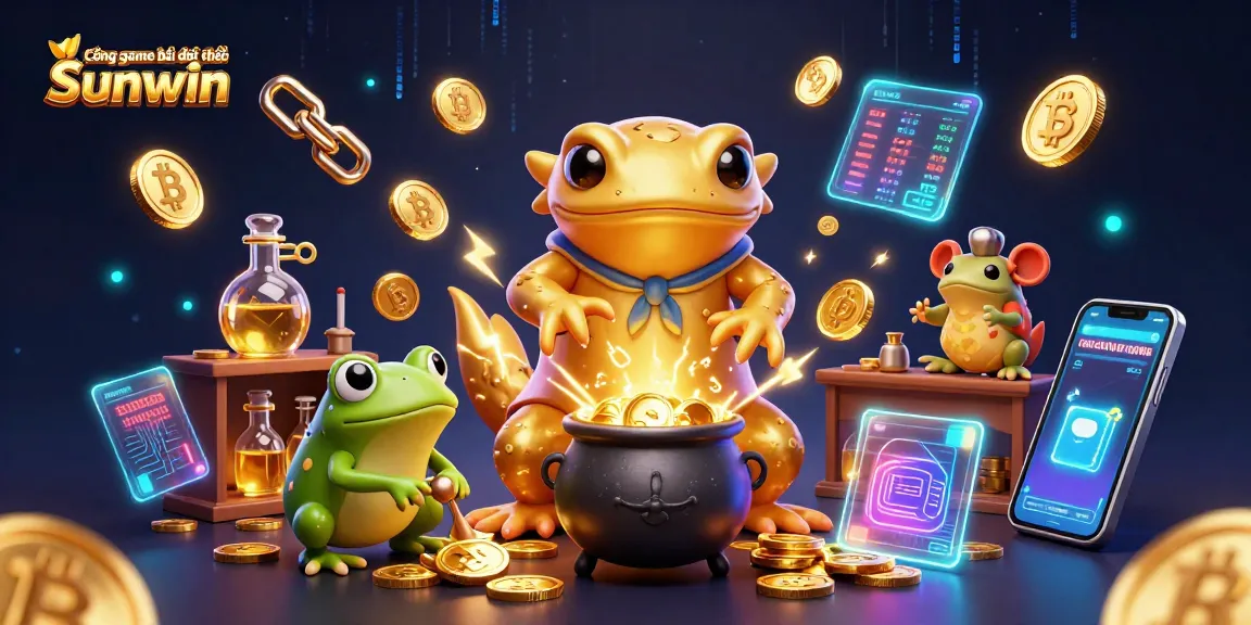 Cổng game bài đổi thưởng Sunwin showcases a golden salamander alchemist transforming metals into gold, symbolizing wealth and gaming excitement.