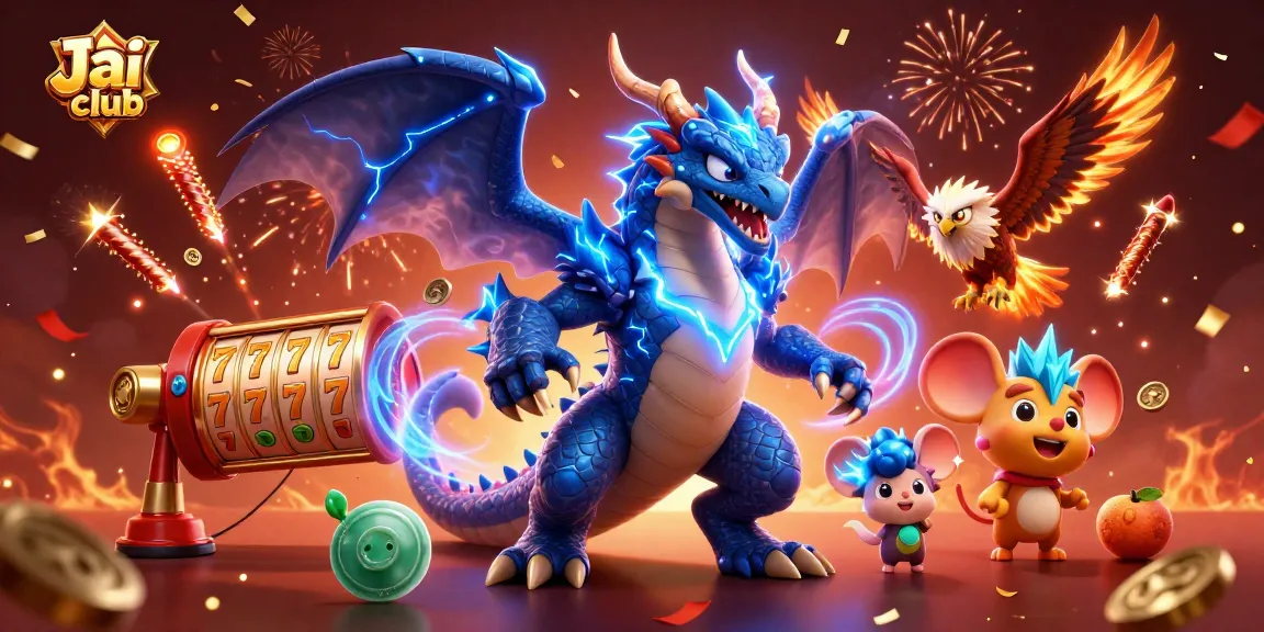 Engage with Jai club's dynamic gaming experience featuring a thunder dragon, fierce hawk, and vibrant slot game elements.