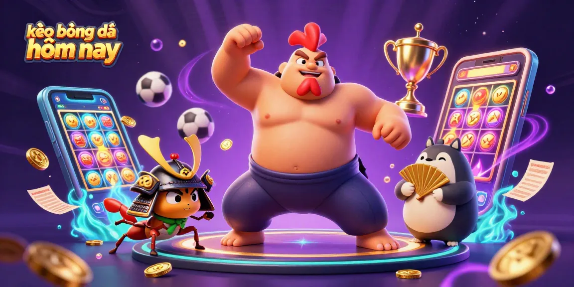 Kèo bóng đá hôm nay captures a vibrant casino scene with illustrated characters centered around dynamic betting elements.