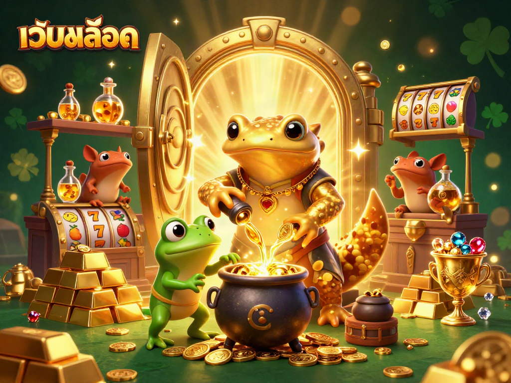 Play เว็บสล็อต with a magical illustration of a golden salamander and alchemists surrounded by riches.