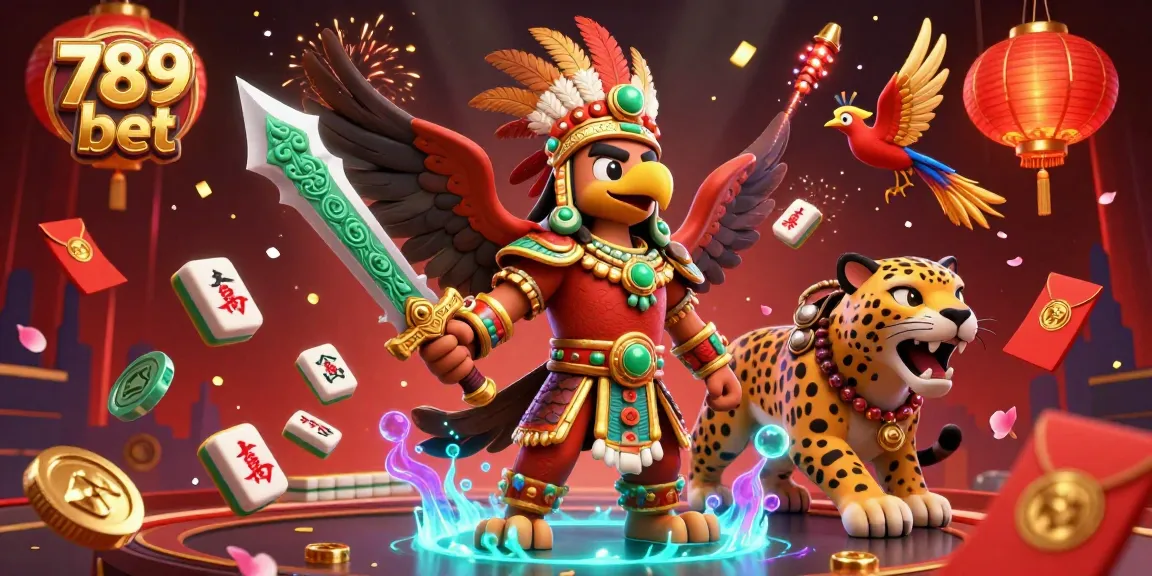 Engage with the vibrant dynamics of the 789 bet casino, featuring an Aztec warrior and jaguar amidst glowing casino symbols.