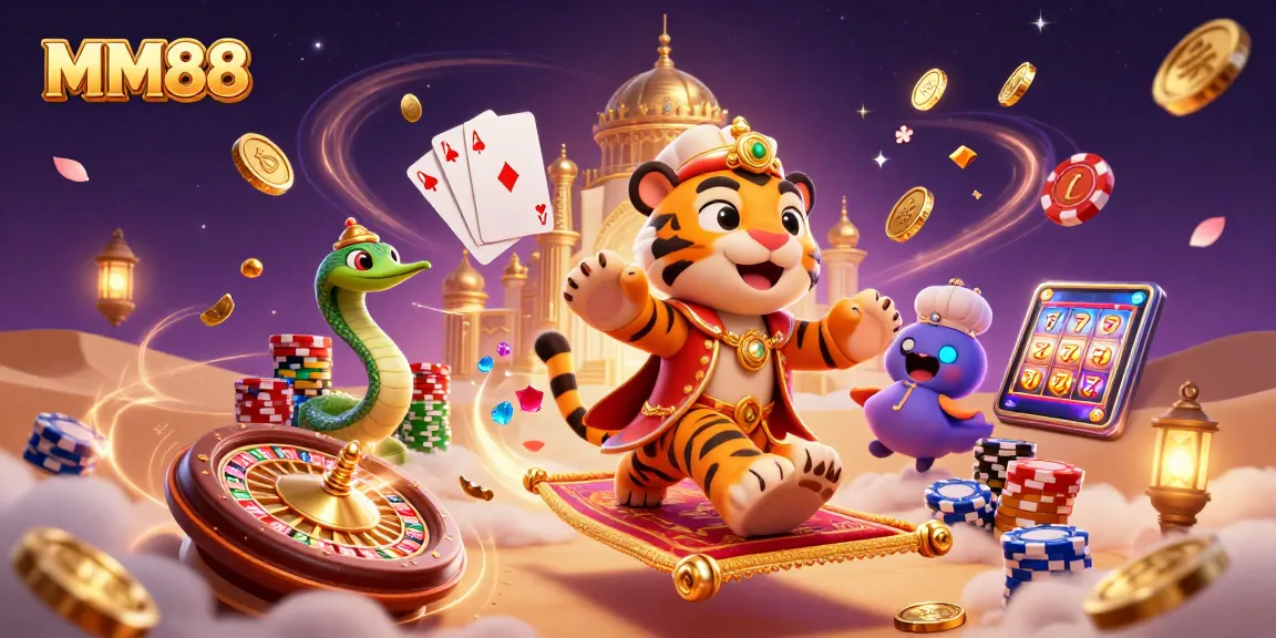 Experience the magic of MM88 with a vibrant, dynamic casino scene featuring gaming elements.