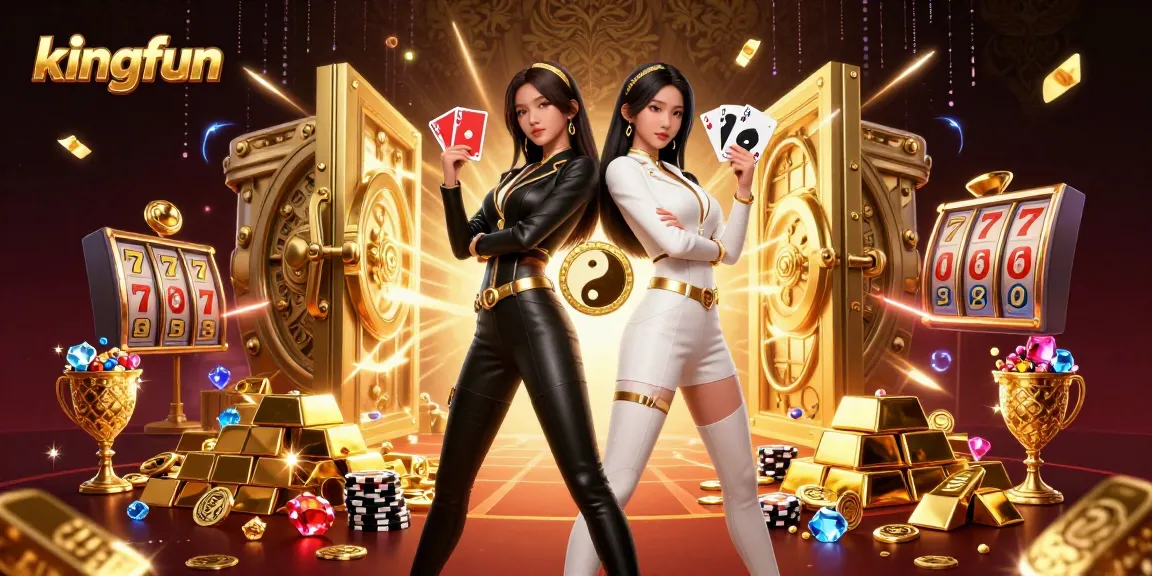 Experience excitement at kingfun with twin Asian women in a vibrant casino-themed illustration.