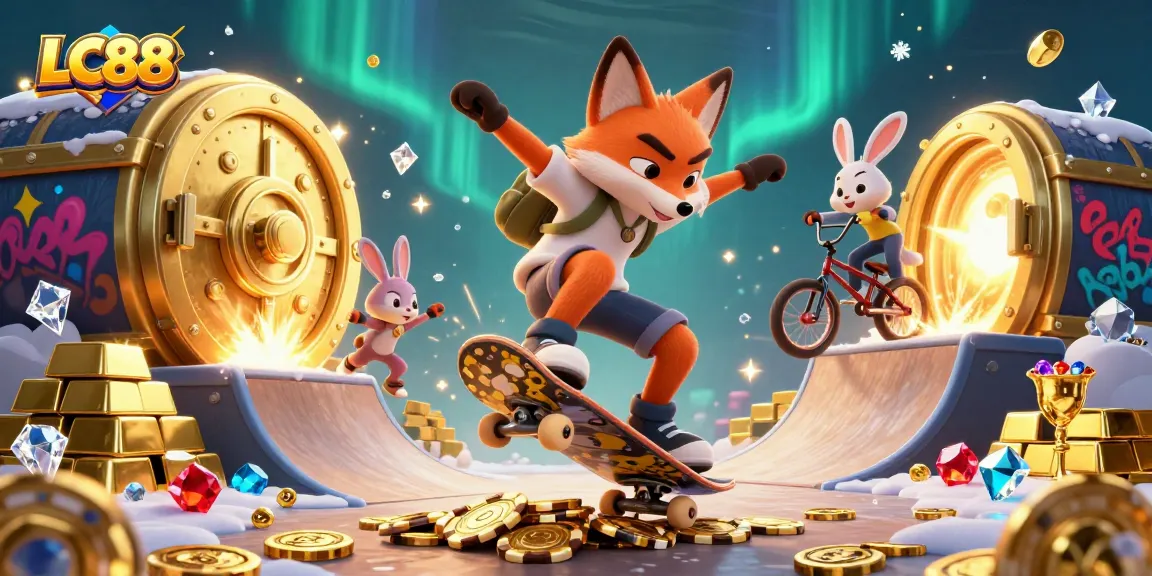 Experience the thrill of winning at LC88 with fox and rabbit characters in a dynamic casino scene.