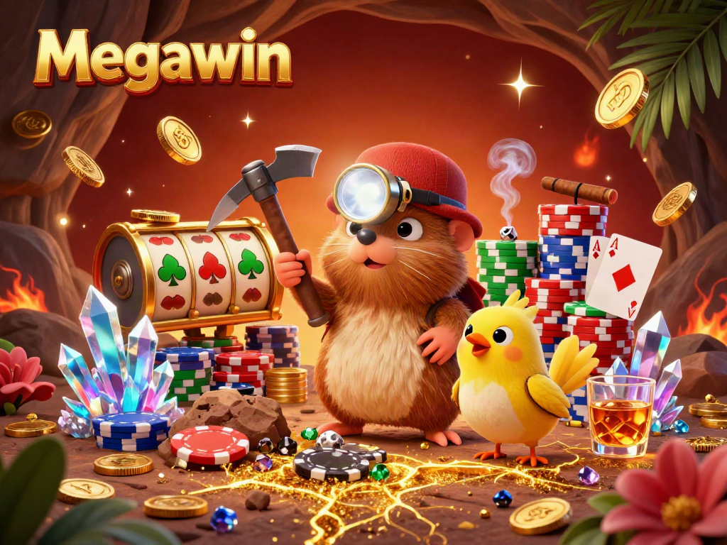 Menggali permata berkilau di Megawin dengan simbol slot dan koin mengelilingi karakter pemain, menambah keseruan permainan.