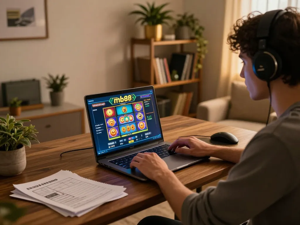 Engaging with mb88 slot on a laptop in a cozy home office, showcasing strategic gaming.