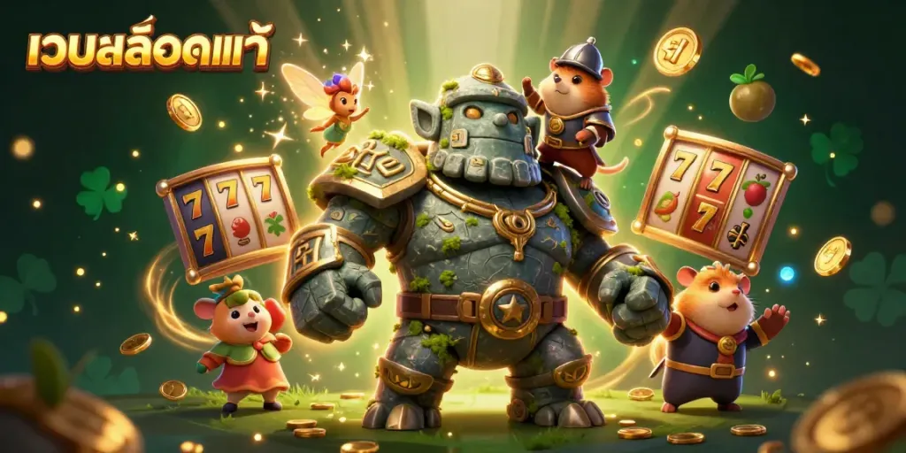 Experience the excitement of เว็บสล็อตแท้ with a dynamic scene featuring a mystical golem, fairy, and hamster knight amidst slot elements.
