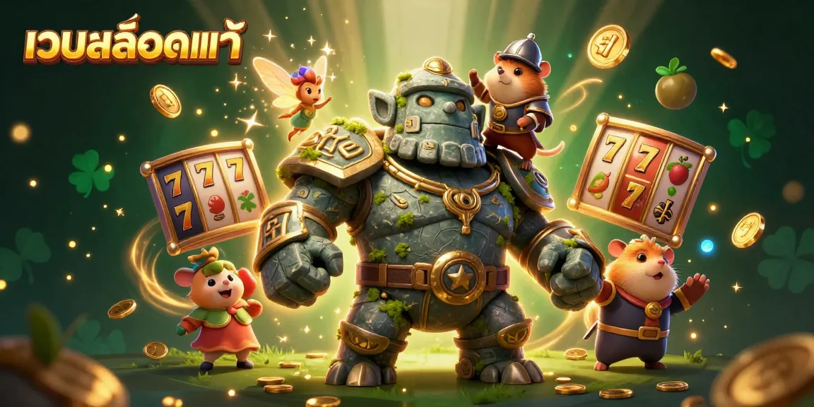 Experience the excitement of เว็บสล็อตแท้ with a dynamic scene featuring a mystical golem, fairy, and hamster knight amidst slot elements.