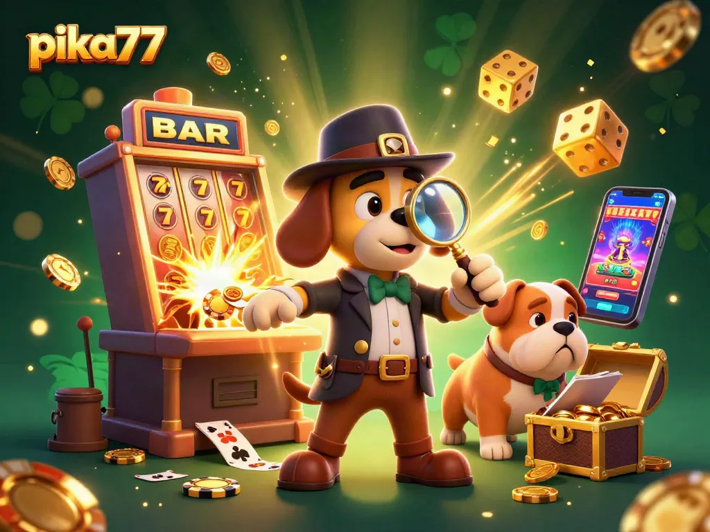 Play exciting casino games at pika77 with a 3D illustration of a detective discovering poker chip clues.