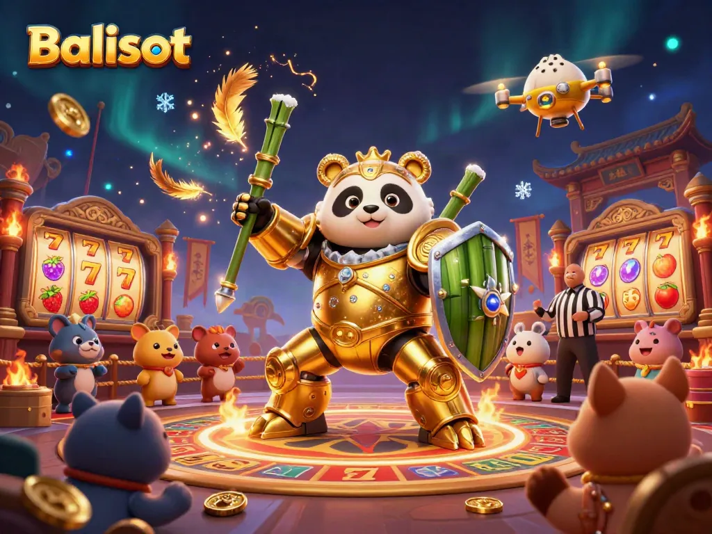 Engage in thrilling Balislot gameplay with golden panda piloting a robot amidst vibrant casino action