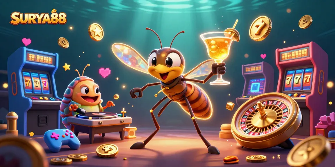SURYA88 casino mascot illustration featuring a frozen mosquito, trilobite DJ, and a roulette wheel