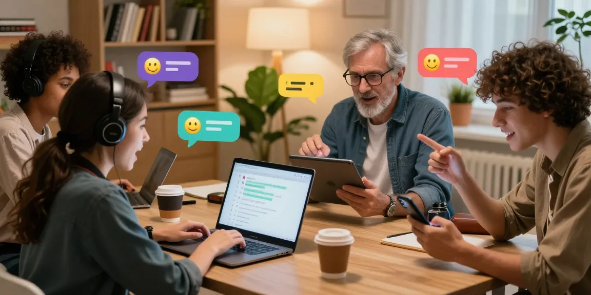 Engaging online chat scene focusing on شات تعب discussions, showcasing diverse people interacting in a cozy room.