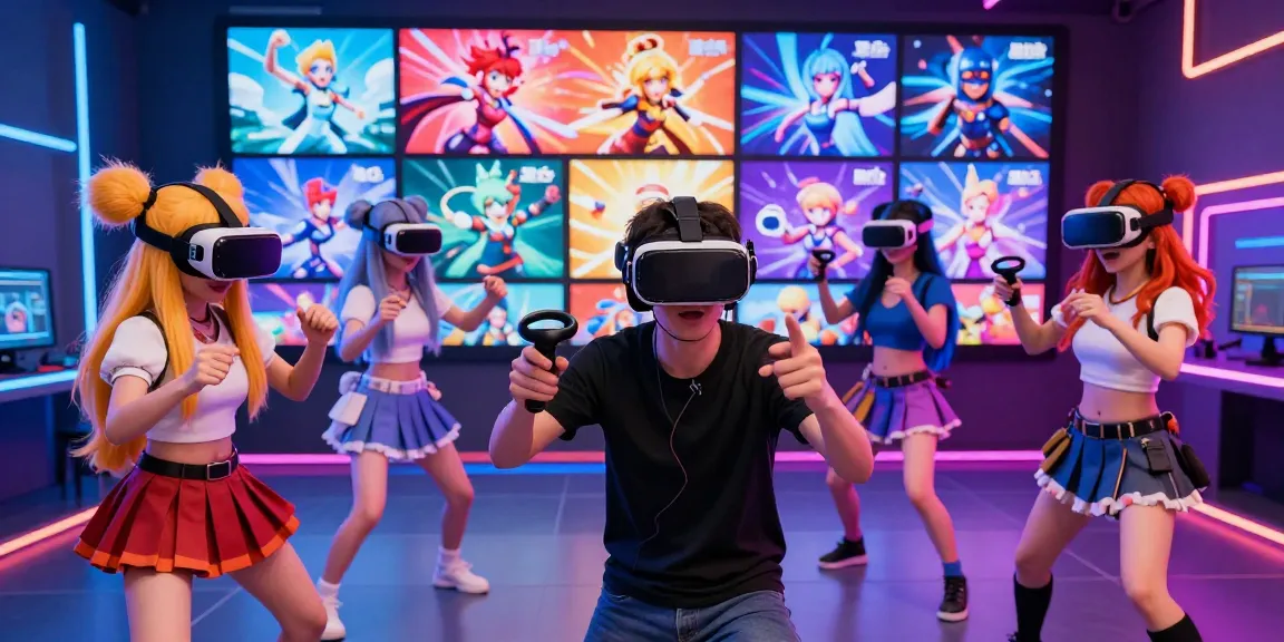 Engaging ecchi game visual with players and vibrant characters in a colorful virtual world, showcasing immersive gameplay.