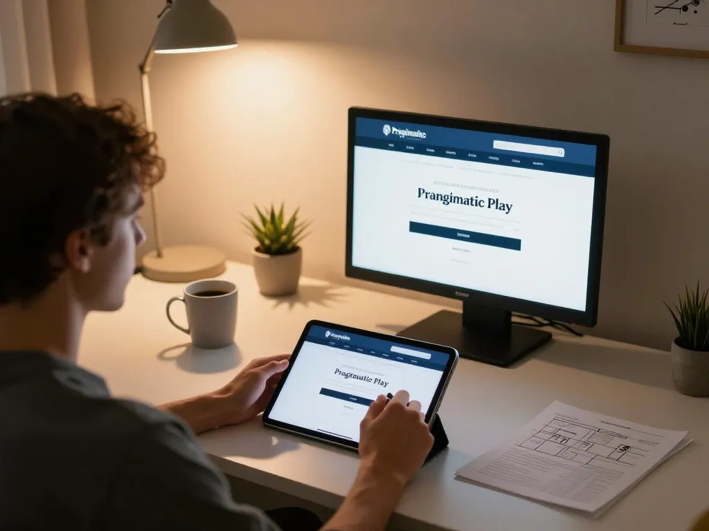 Engaging with Pragmatic Play login on a tablet in a cozy home office for online gaming.