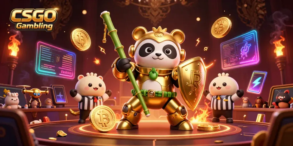 Engage in CSGO Gambling with vibrant characters and crypto elements in an exciting arena.