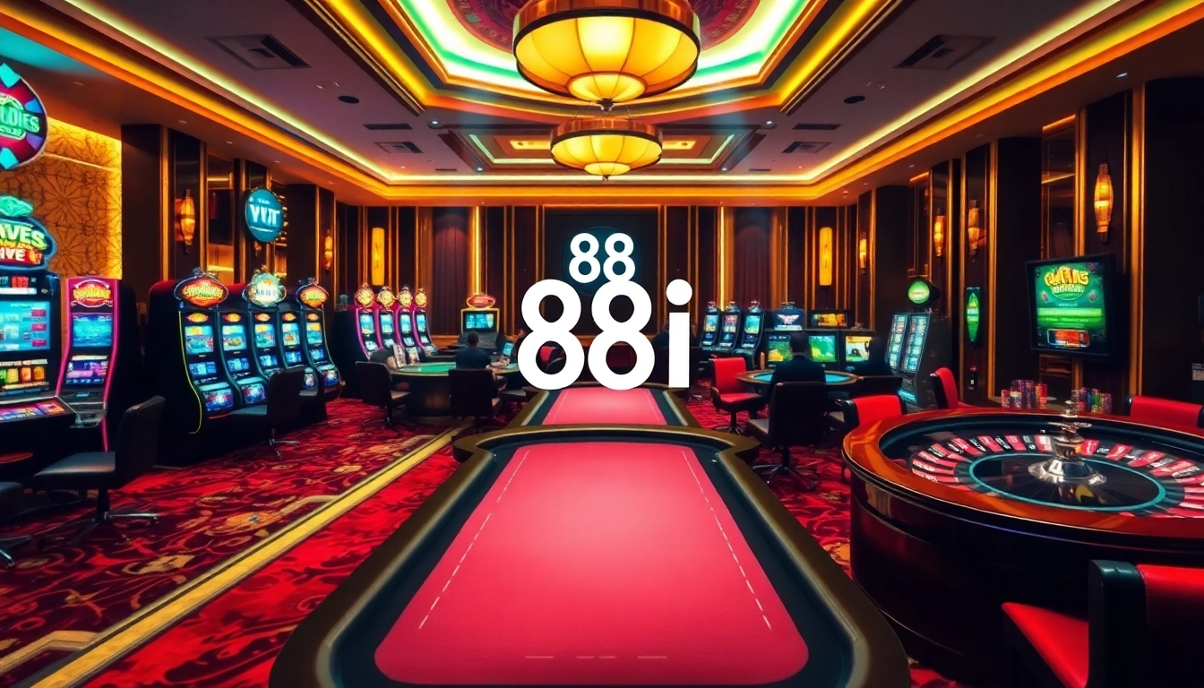 Players engaging at a high-stakes poker table and vibrant slot machines in an 88i casino.