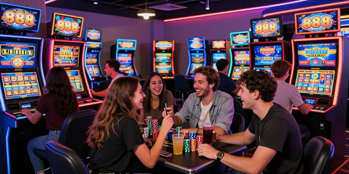 Menampilkan permainan 888 slots di kasino, pemain saling menikmati pengalaman menang dengan suasana meriah.