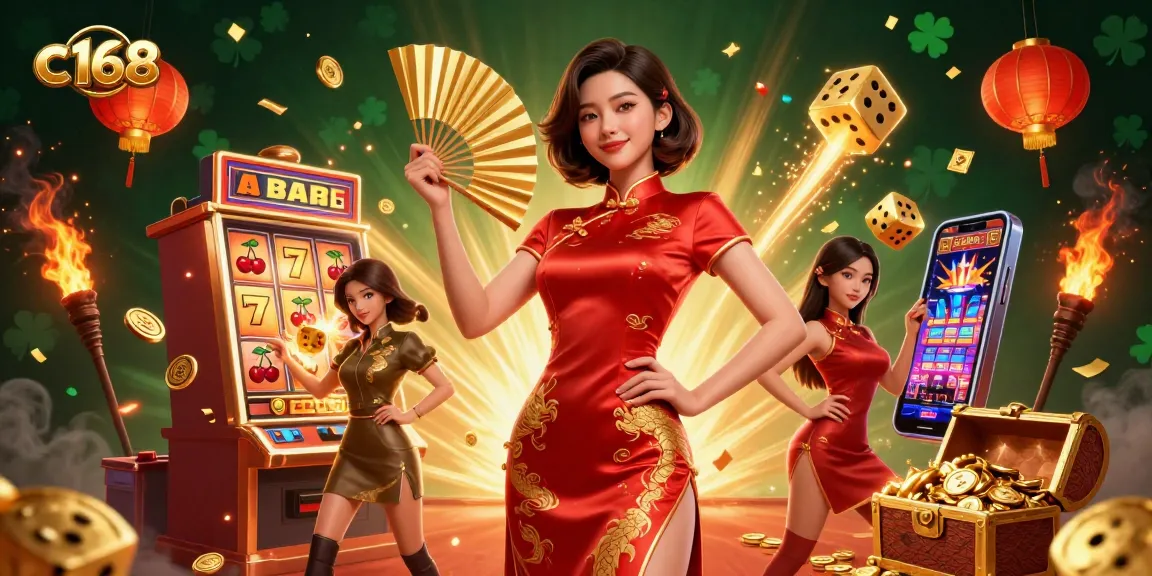 Spin the reels at c168's vibrant online casino with festive floating elements and winning symbols.