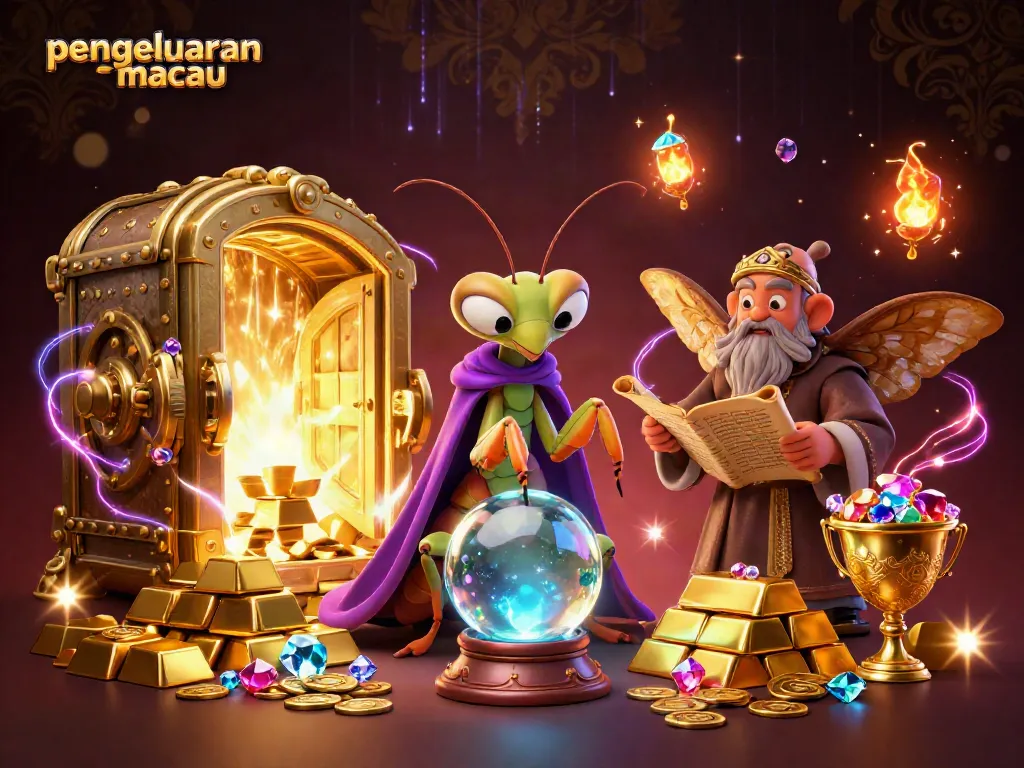 Mengamati pengeluaran Macau terbaru dengan mantis peramal di bola kristal, dihiasi koin emas dan permata