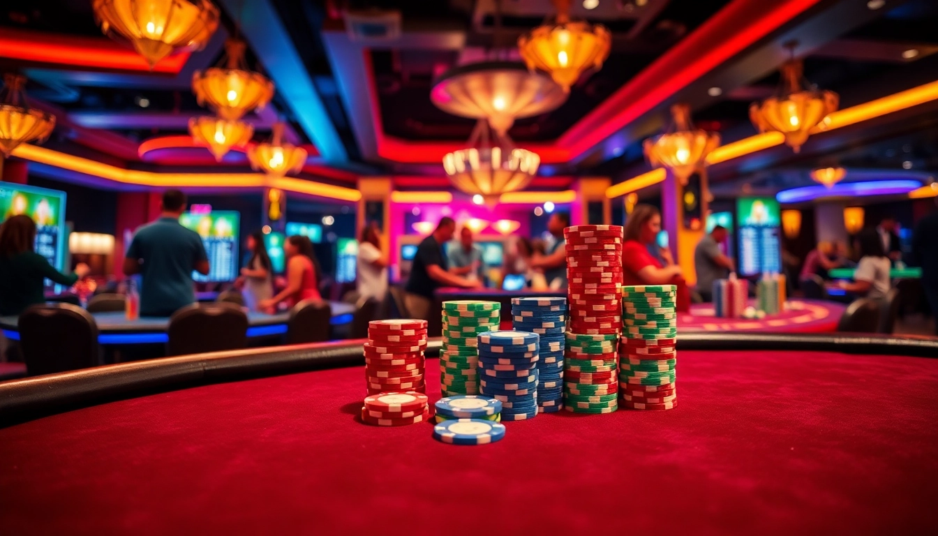 Energi tinggi permainan togel389 di meja kasino penuh dengan chip warna-warni.